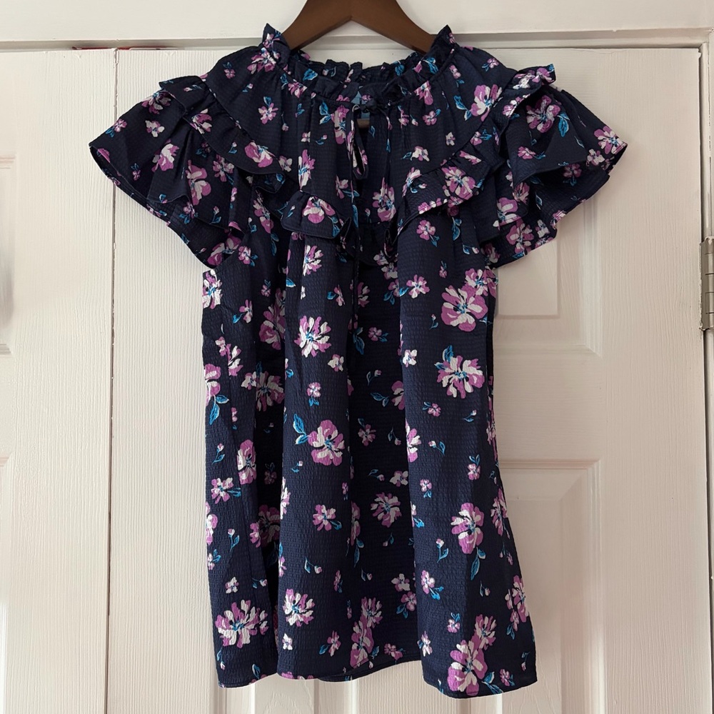 Draper James Flutter Sleeve Navy and‎ Pink Floral Blouse Size Small NWT